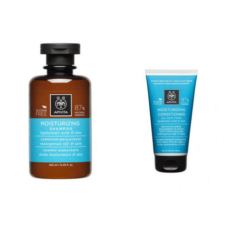 Jag Couture London Apivita moisturizing shampoo and conditioner set with aloe and hyaluronic acid, 250ml and 150ml bottles.