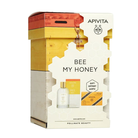 Two bottles of Apivita Bee My Honey Eau De Toilette, 100ml each, featuring honey-inspired fragrance in a set.