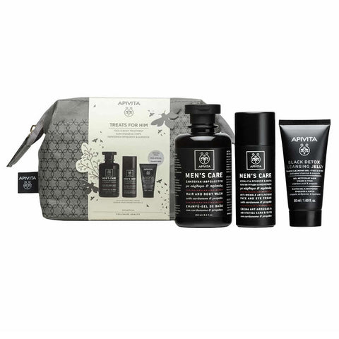 Apivita men's face and body care set with three skincare products featuring natural ingredients, from Jag Couture London - New York.