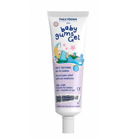 Baby gums gel by Frezyderm in a 25ml tube, featuring a gentle formula for soothing infant gums.