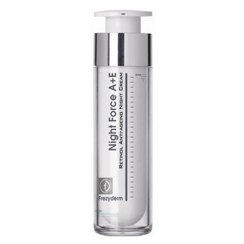 Frezyderm Night Force A+E Retinol anti-aging night cream in 50ml jar, designed to reduce wrinkles and improve skin overnight.