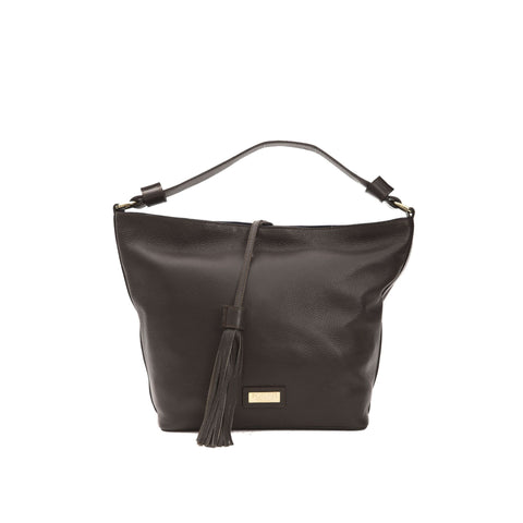 Jag Couture London Donatella MC6071GRETA_Cioccolato leather handbag with gold hardware and structured design.
