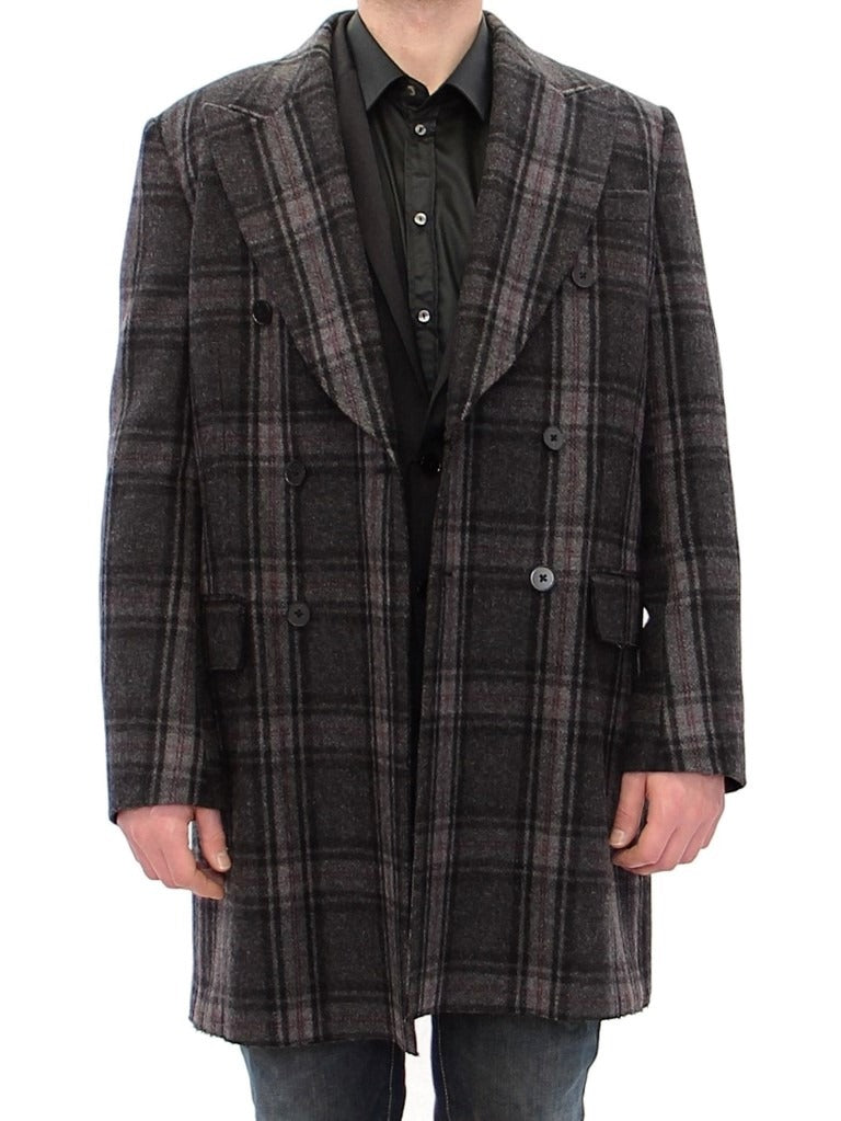 Gray Dolce & Gabbana double-breasted coat jacket with tailored fit and classic lapel, shown on a model.