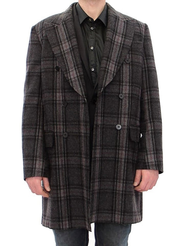 Gray Dolce & Gabbana double-breasted coat jacket with tailored fit and classic lapel, shown on a model.