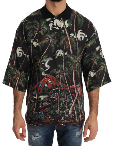 Black Volcano Sicily short sleeve T-shirt by Dolce & Gabbana with volcanic graphic print on front.