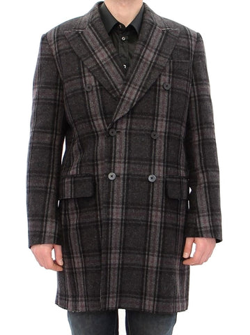 Gray double-breasted coat jacket by Dolce & Gabbana, featuring tailored lapels and classic design, displayed on a hanger.