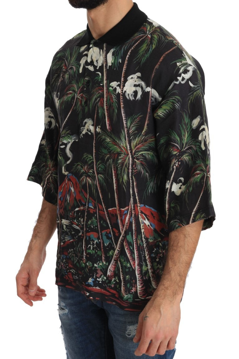 Black Volcano Sicily short sleeve T-shirt by Dolce & Gabbana with volcanic graphic print and crew neckline.
