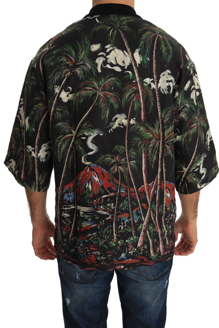 Black Volcano Sicily short sleeve T-shirt by Dolce & Gabbana with graphic print and crew neck design.