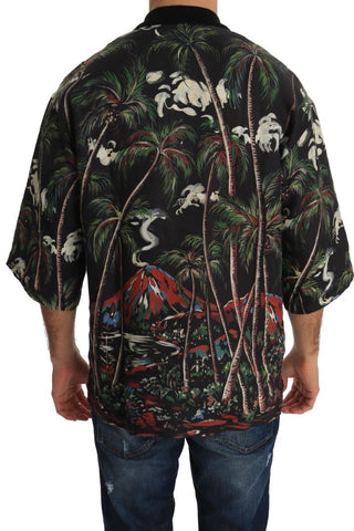 Black Volcano Sicily short sleeve T-shirt by Dolce & Gabbana with graphic print and crew neck design.
