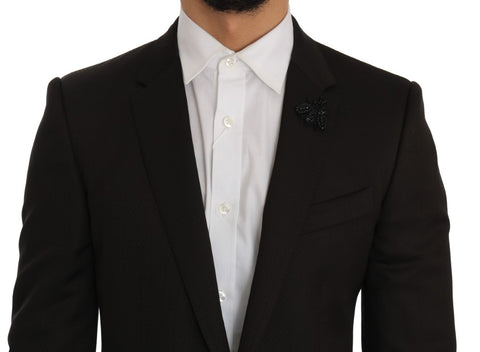 Brown wool crystal bee slim fit Martini suit by Dolce & Gabbana, shown in a detailed image of the tailored jacket.