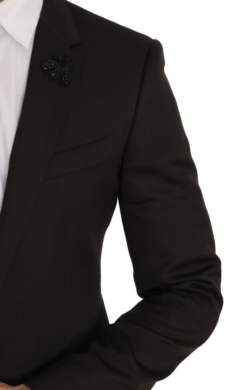 Brown wool crystal bee slim fit blazer by Dolce & Gabbana with detailed crystal bee embellishment visible.