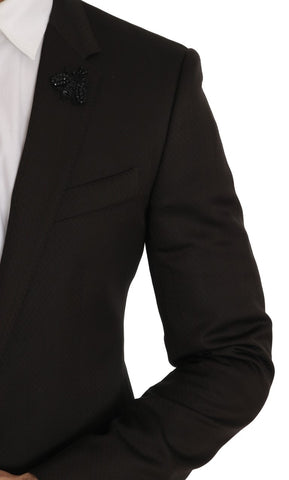 Brown wool crystal bee slim fit blazer by Dolce & Gabbana with detailed crystal bee embellishment visible.
