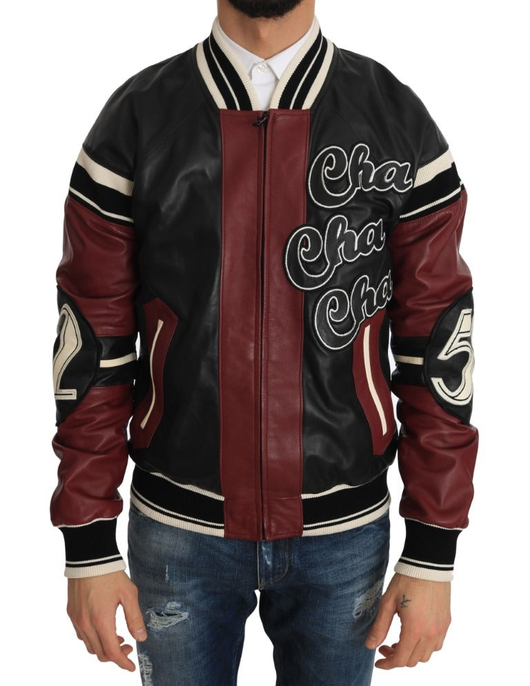 Black and red leather club lounge jacket by Dolce & Gabbana, showing detailed stitching and stylish collar design.