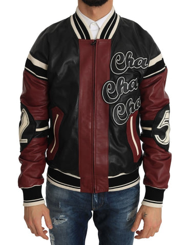 Black and red leather club lounge jacket by Dolce & Gabbana, showing detailed stitching and stylish collar design.