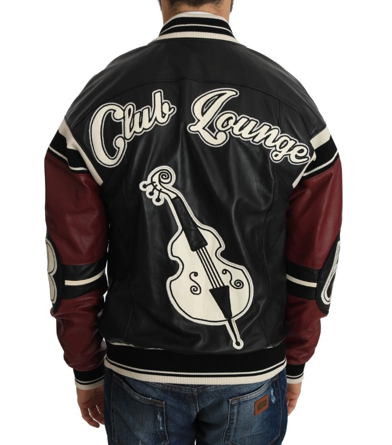 Black and red leather lounge jacket by Dolce & Gabbana, featuring a stylish collar and sleek design.