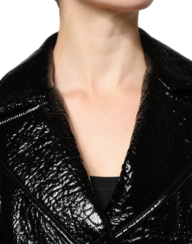 Black Leather Cropped Long Sleeve Coat Jacket
