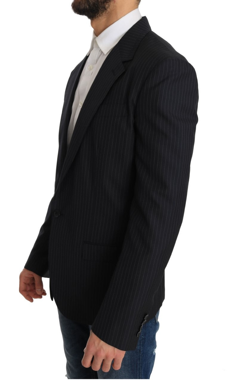 Gray striped wool blazer coat by Dolce & Gabbana, slim fit design with tailored lapels and classic jacket silhouette.