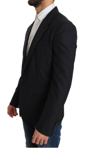 Gray striped wool blazer coat by Dolce & Gabbana, slim fit design with tailored lapels and classic jacket silhouette.