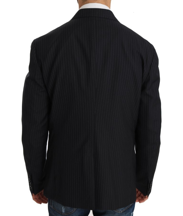 Gray striped wool blazer coat with slim fit design from Dolce & Gabbana, featuring tailored lapels and a classic silhouette.