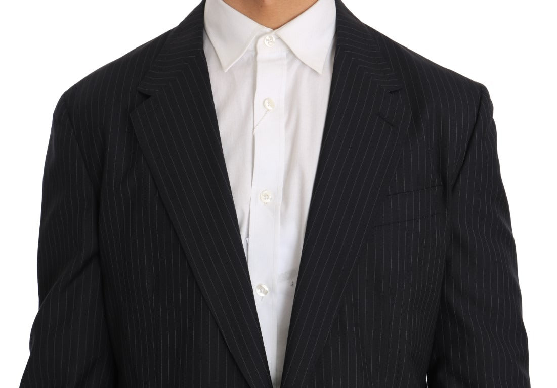 Gray striped wool jacket coat with slim blazer fit by Dolce & Gabbana, shown on a hanger with detailed fabric texture.