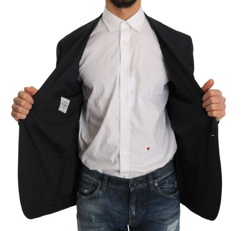 Gray striped wool jacket coat with slim fit blazer style from Dolce & Gabbana, shown on a hanger.