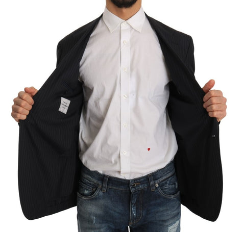 Gray striped wool jacket coat with slim fit blazer style from Dolce & Gabbana, shown on a hanger.