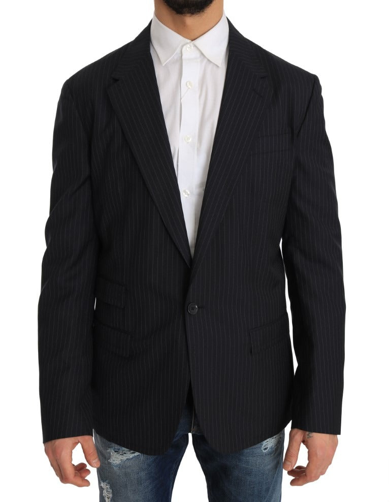 Gray striped wool blazer coat by Dolce & Gabbana, slim fit design with tailored lapels and textured fabric.