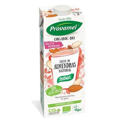 Unsweetened organic almond milk bottle from Santiveri, 1L, with a carton of six, featuring natural almond and plant-based ingredients.
