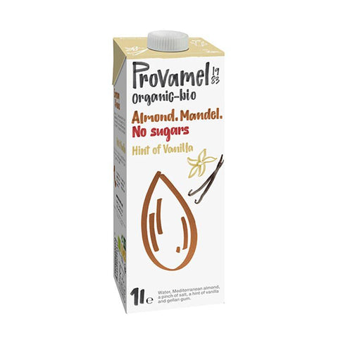 Organic vanilla almond milk in a 1L carton from Santiveri Provamel, featuring the bio label and almond illustrations.