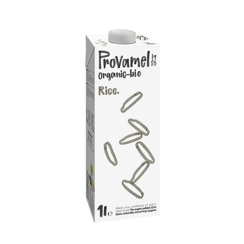 Organic rice drink by Santiveri Provamel in 1-liter cartons, shown in a pack of eight, suitable for dairy-free diets.