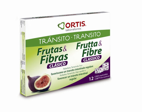 Jag Couture London - New York Ortis Fruits y Fibre Classic 12 chewable cubes, colorful fruit-flavored dietary supplement.