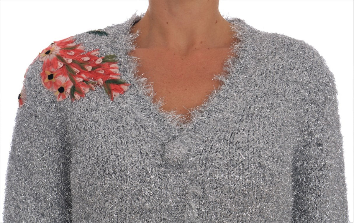 Silver Dolce & Gabbana cardigan featuring floral applique design, long sleeves, and a cozy knit texture.