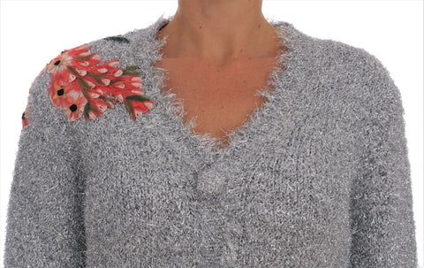 Silver Dolce & Gabbana cardigan featuring floral applique design, long sleeves, and a cozy knit texture.