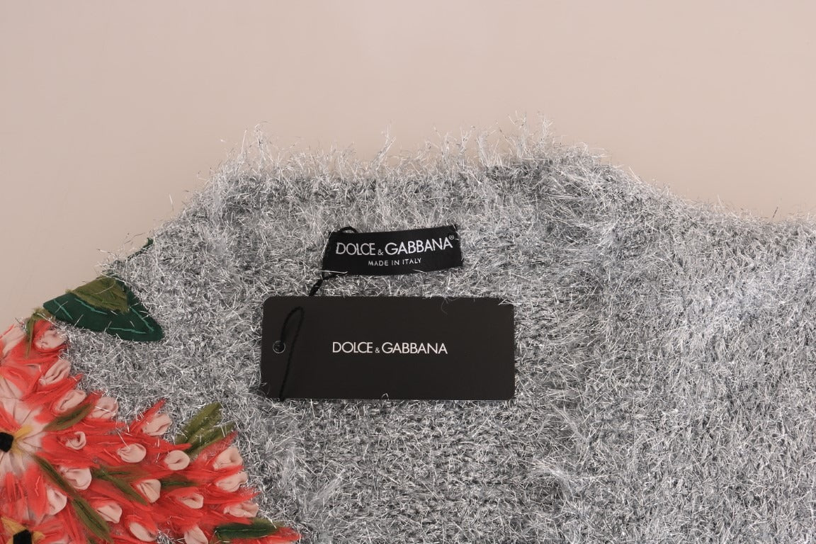 Silver cardigan sweater with floral applique details from Dolce & Gabbana, featuring a stylish, textured knit design.