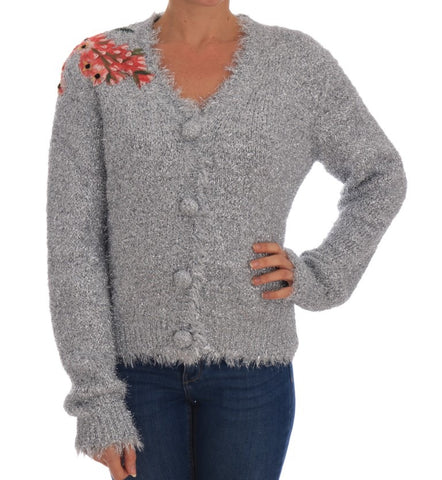 Silver Dolce & Gabbana cardigan with floral applique design, featuring a lightweight knit sweater with intricate floral details.