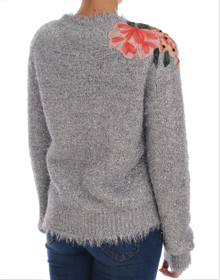 Silver Dolce & Gabbana cardigan with floral applique, featuring a knitted sweater design and elegant detailing.