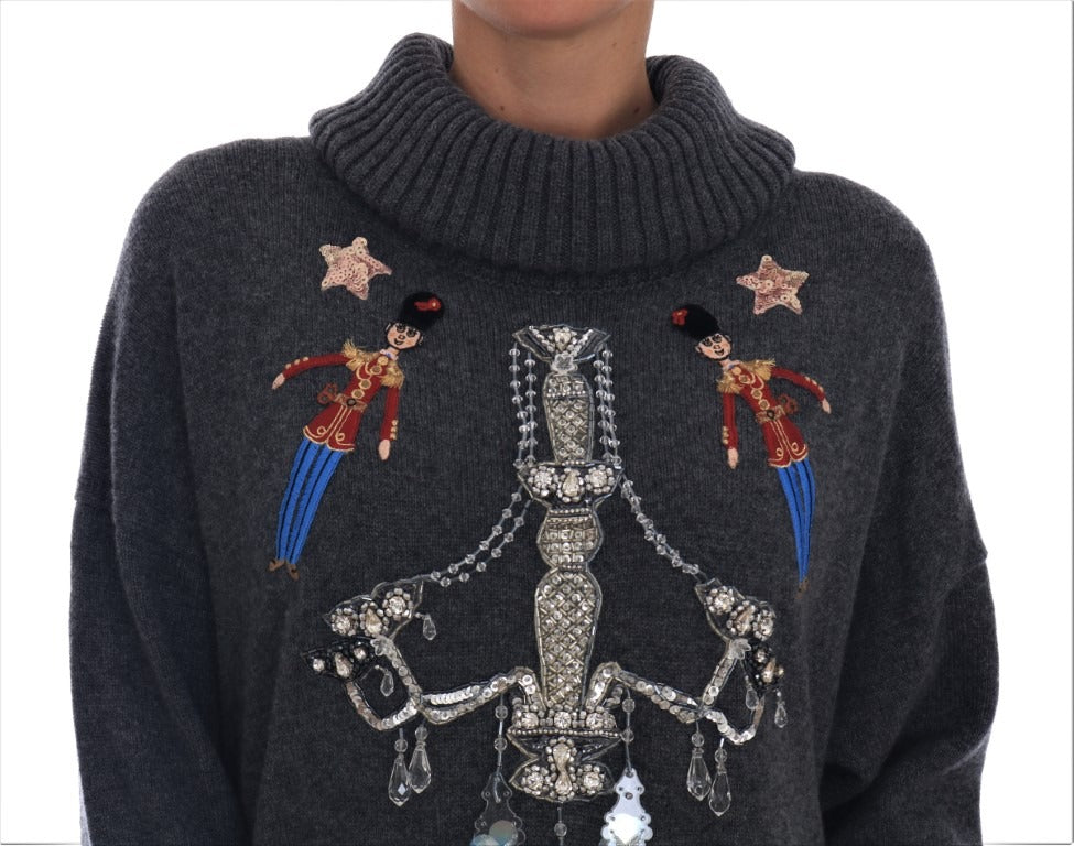 Dolce & Gabbana Fairy Tale Crystal Gray Cashmere Sweater with intricate crystal embellishments and soft knit fabric.