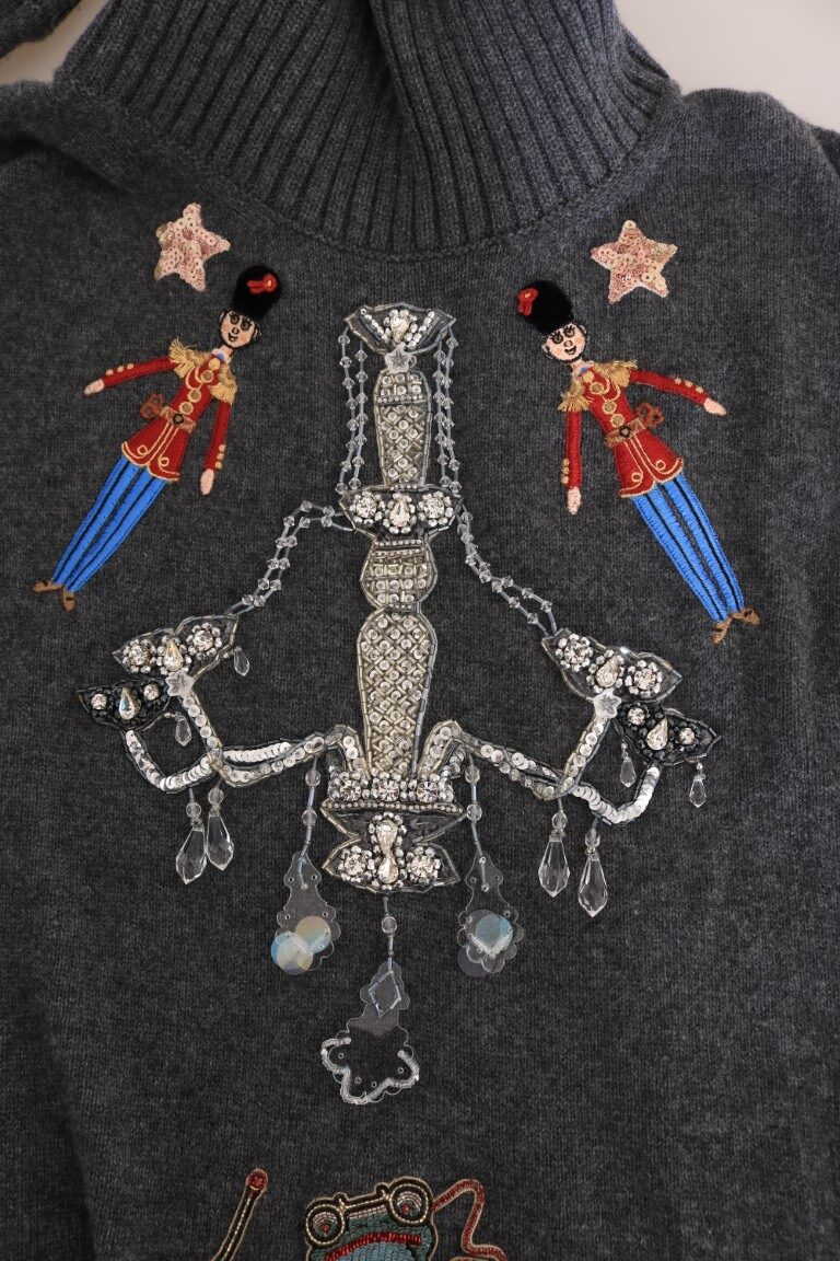 Gray Dolce & Gabbana Fairy Tale Crystal Cashmere Sweater with intricate crystal embellishments and soft cashmere fabric.