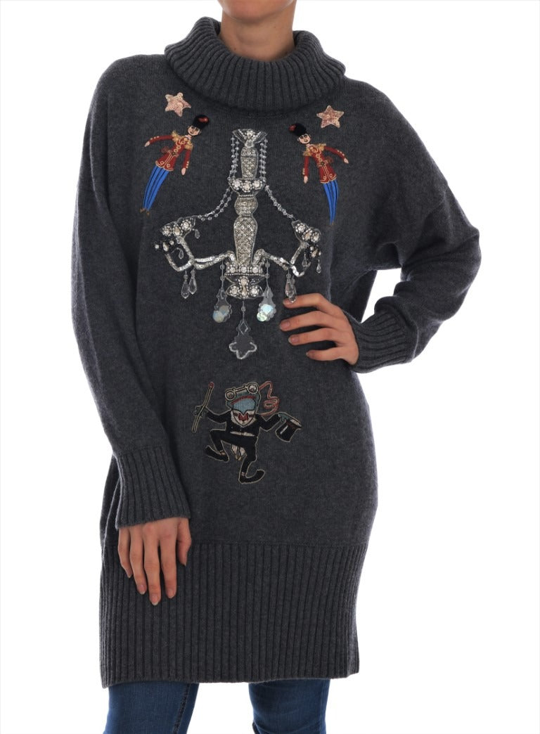 Dolce & Gabbana Fairy Tale Crystal Gray Cashmere Sweater with intricate crystal embellishments and soft cashmere fabric.
