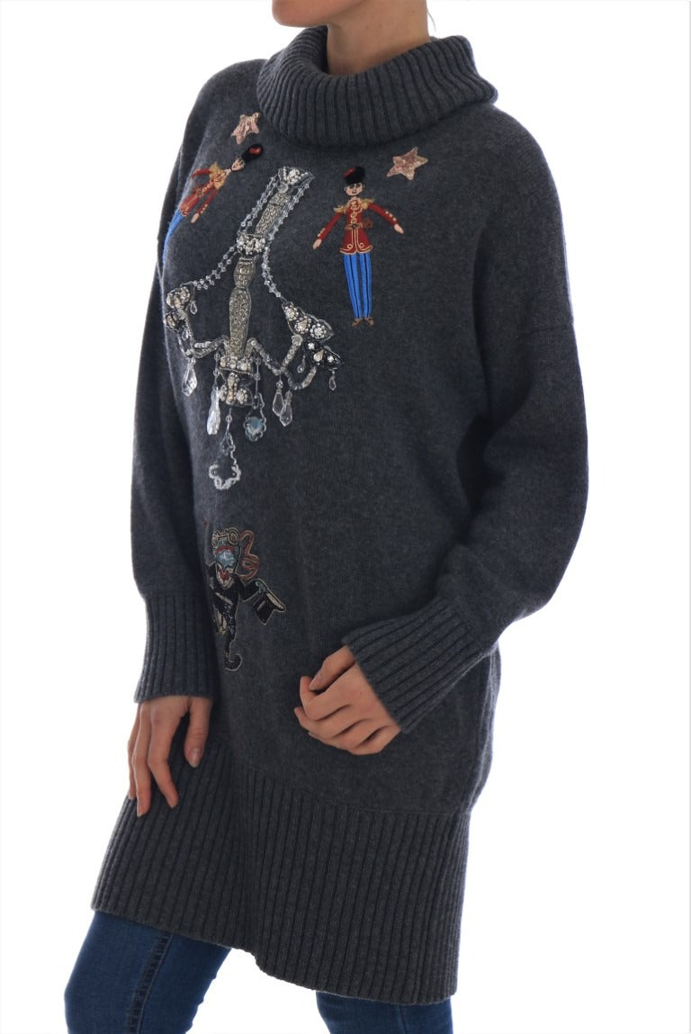 Dolce & Gabbana Fairy Tale Crystal Gray Cashmere Sweater with intricate crystal embellishments and soft cashmere fabric.