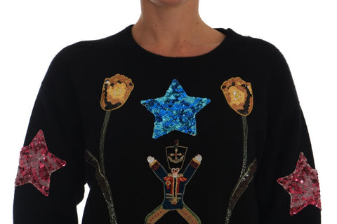 Black cashmere sweater with fairy tale crystal embellishments from Dolce & Gabbana, featuring a cozy fit and elegant detailing.