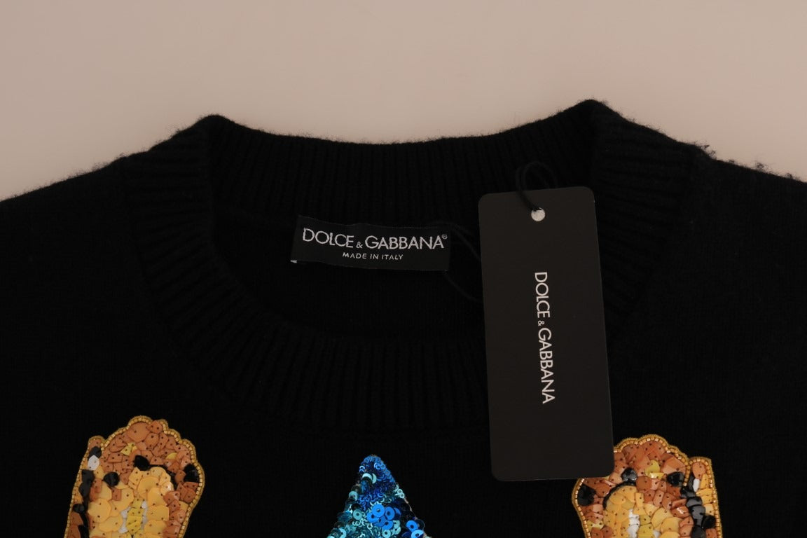 Black cashmere sweater with fairy tale crystal embellishments by Dolce & Gabbana, featuring a cozy, elegant design.