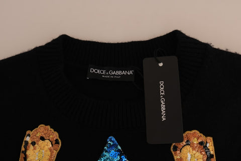 Black cashmere sweater with fairy tale crystal embellishments by Dolce & Gabbana, featuring a cozy, elegant design.