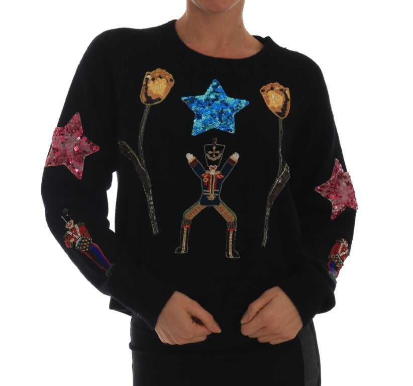 Black cashmere sweater with fairy tale crystal embellishments by Dolce & Gabbana, shown on a plain background.