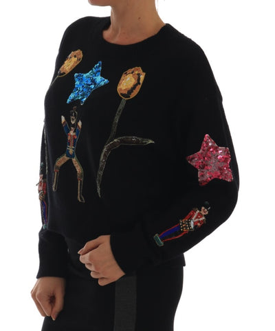 Black cashmere sweater with fairy tale crystal embellishments by Dolce & Gabbana, featuring a cozy fit and intricate detailing.