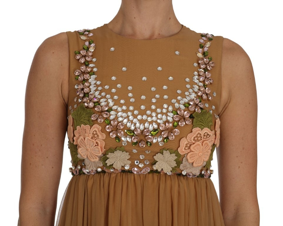 Elegant crystal silk gold A-line gown dress by Dolce & Gabbana, featuring a flowing silhouette and intricate detailing.
