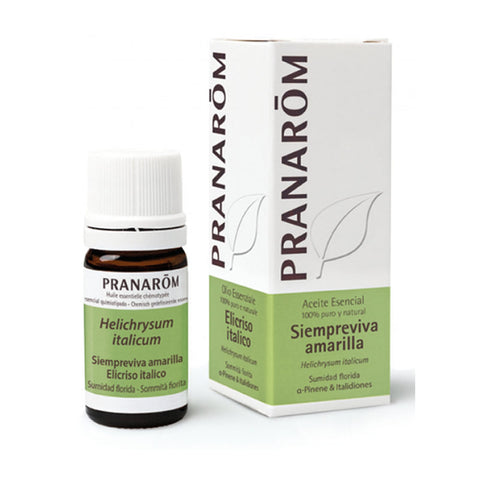 Bottle of Pranarom Yellow Everlasting Essential Oil 5ml by Jag Couture London - New York, with the label and amber glass container visible.