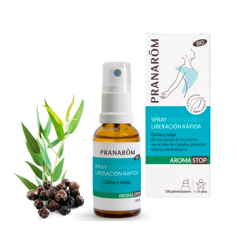 Pranarom AromaStop rapid release spray in 15ml bottle, natural essential oil blend for quick relief, shown in the image.