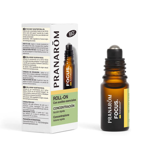 Jag Couture London Aromaboost Focus roll-on by Pranarom, 5ml, featuring a sleek bottle with a rollerball applicator, perfect for mental clarity.