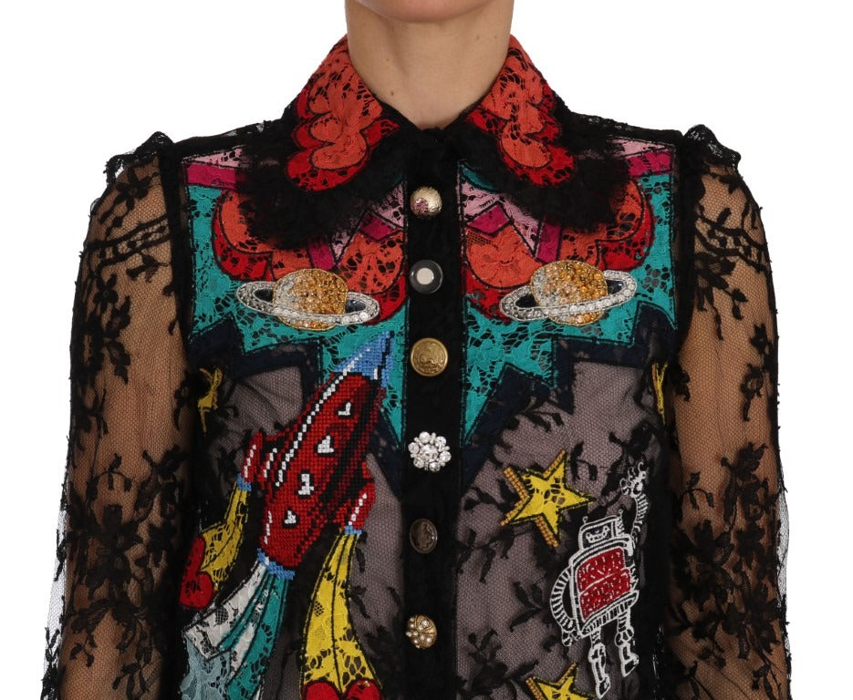Black lace crystal SPACE shirt by Dolce & Gabbana featuring intricate lace details and sparkling embellishments.